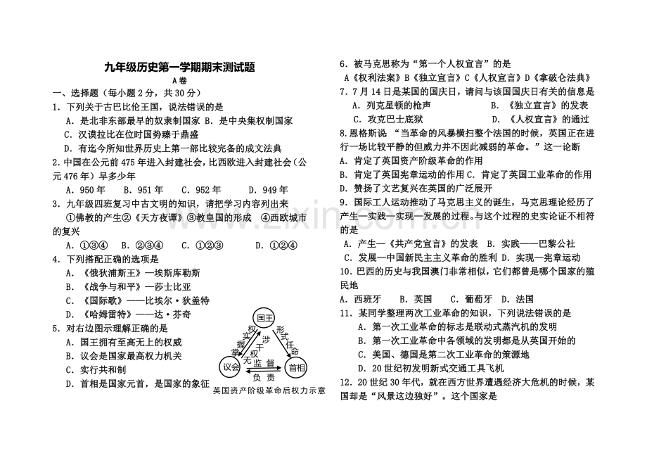 第一学期期末九年级历史测试题.doc_第1页