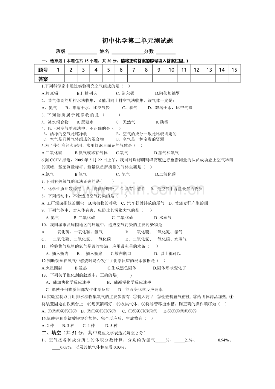 初中化学第二单元测试题.doc_第1页