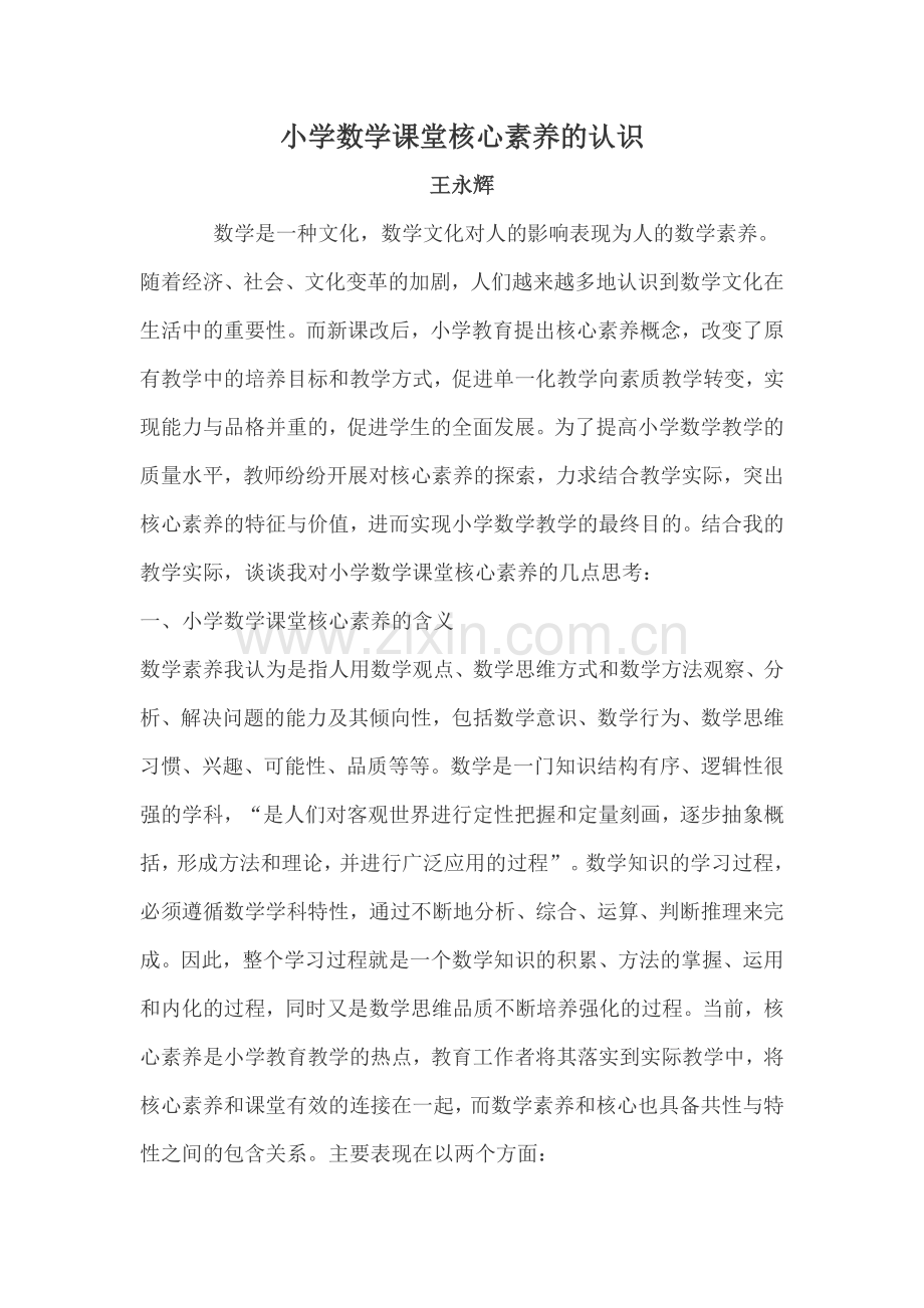 关于小学数学课堂核心素养的几点思考.doc_第1页