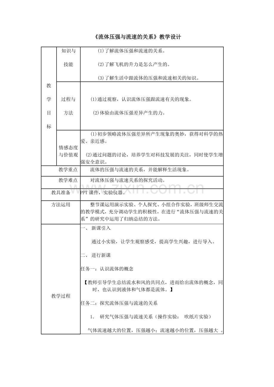 流体压强与流速的关系教学设计.doc_第1页