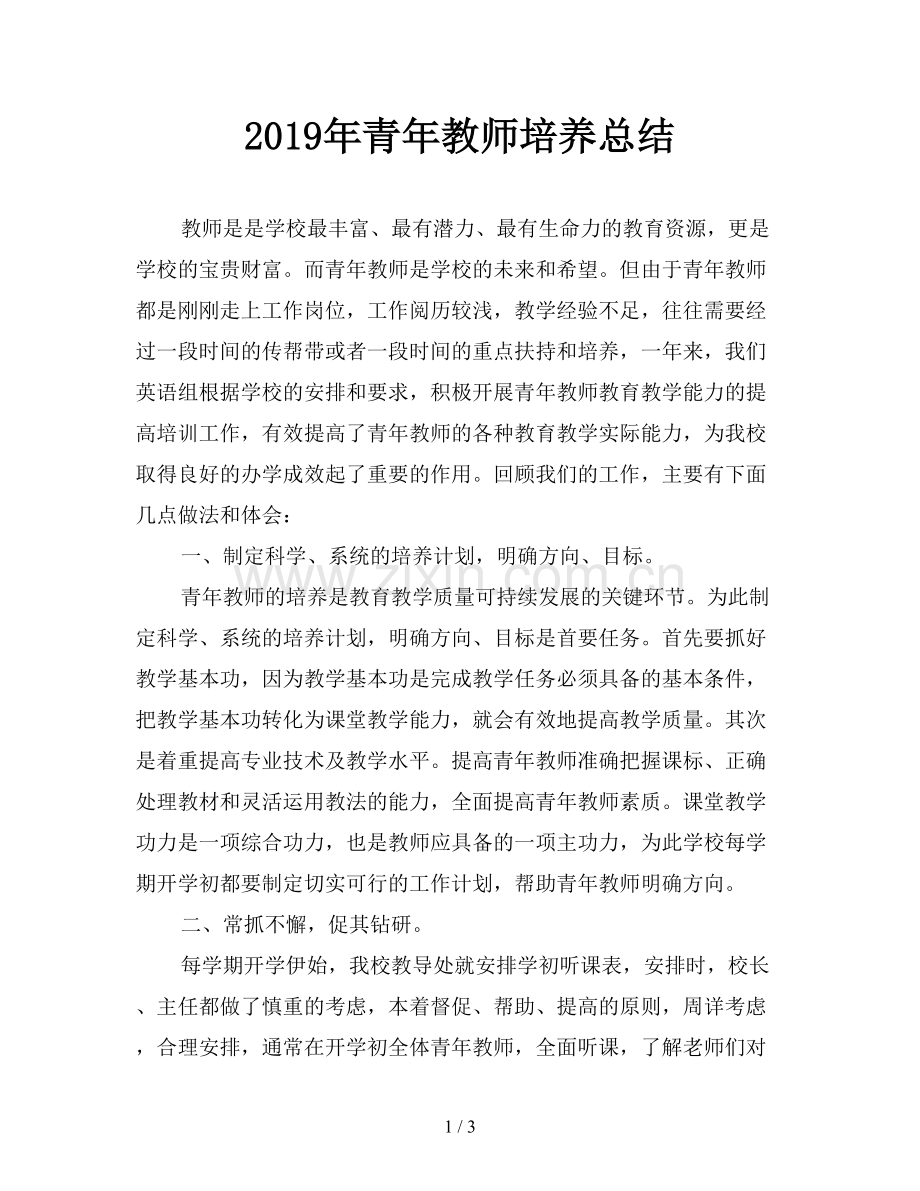 2019年青年教师培养总结.doc_第1页