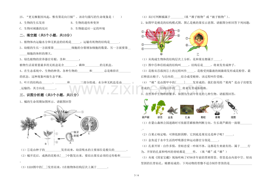 七年级生物(上册)期末试题(附参考答案).doc_第3页