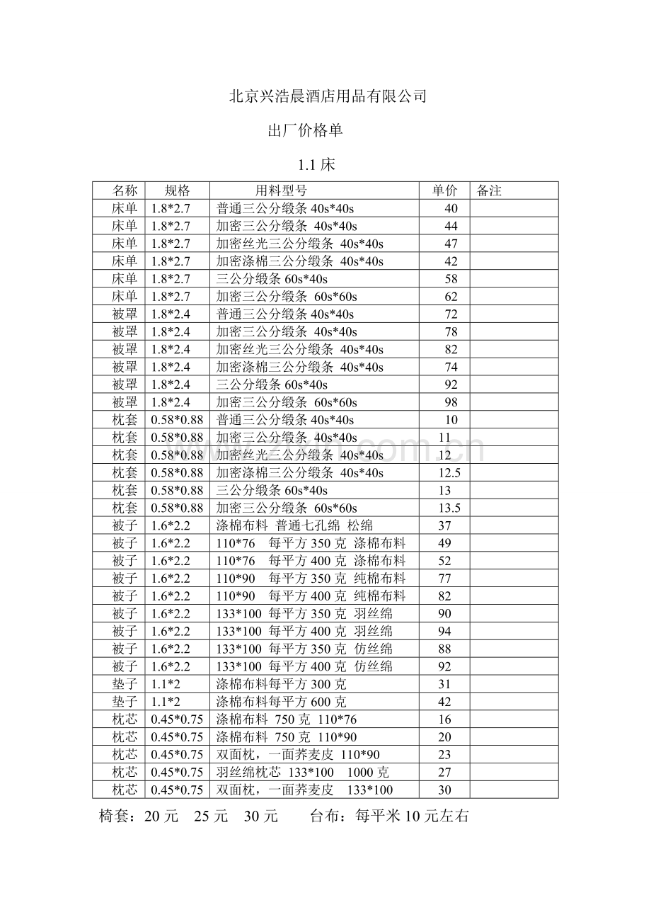 床上用品报价单.doc_第1页