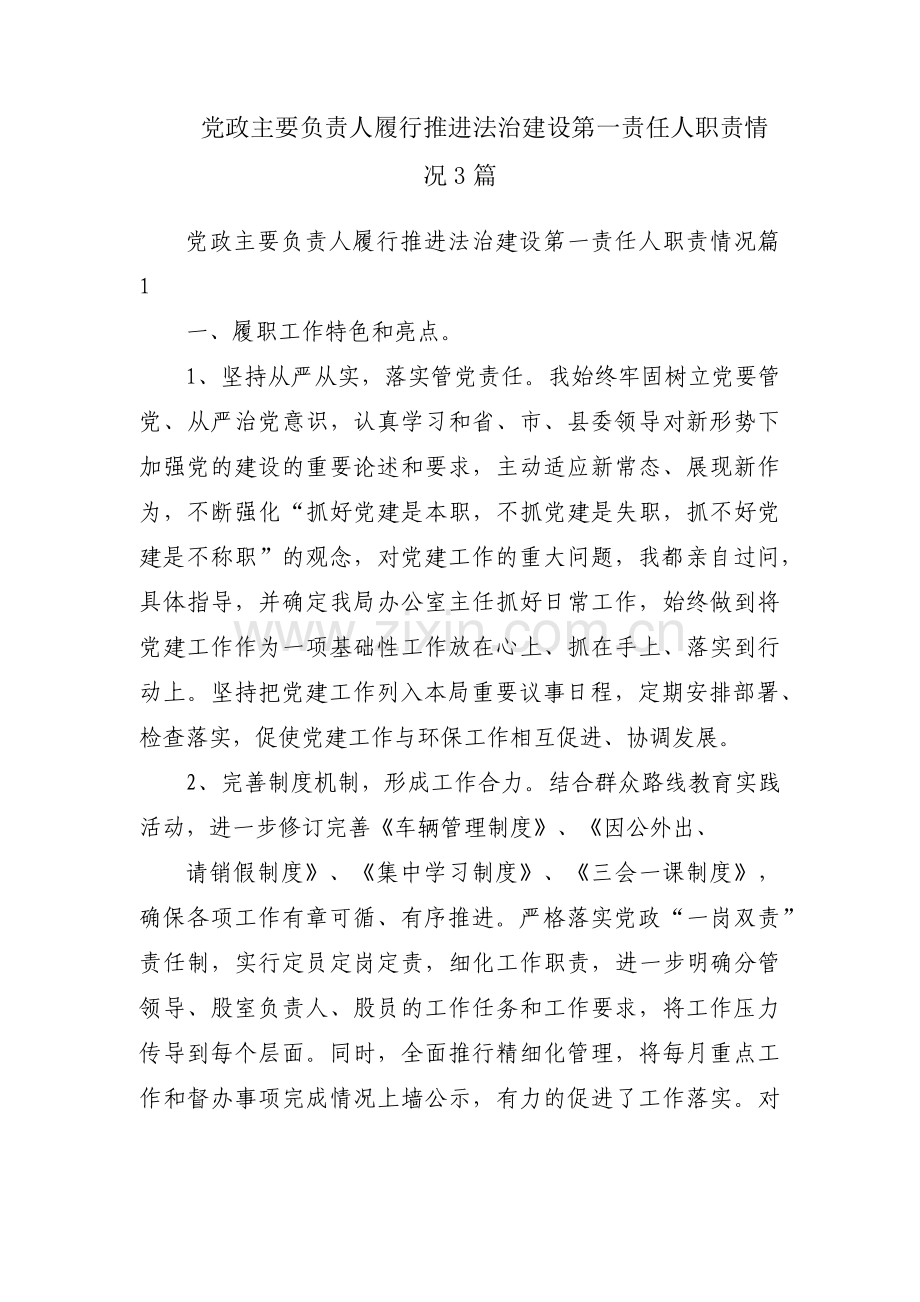 党政主要负责人履行推进法治建设第一责任人职责情况3篇.pdf_第1页