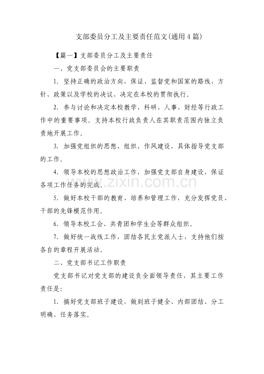 支部委员分工及主要责任范文(通用4篇).pdf_第1页