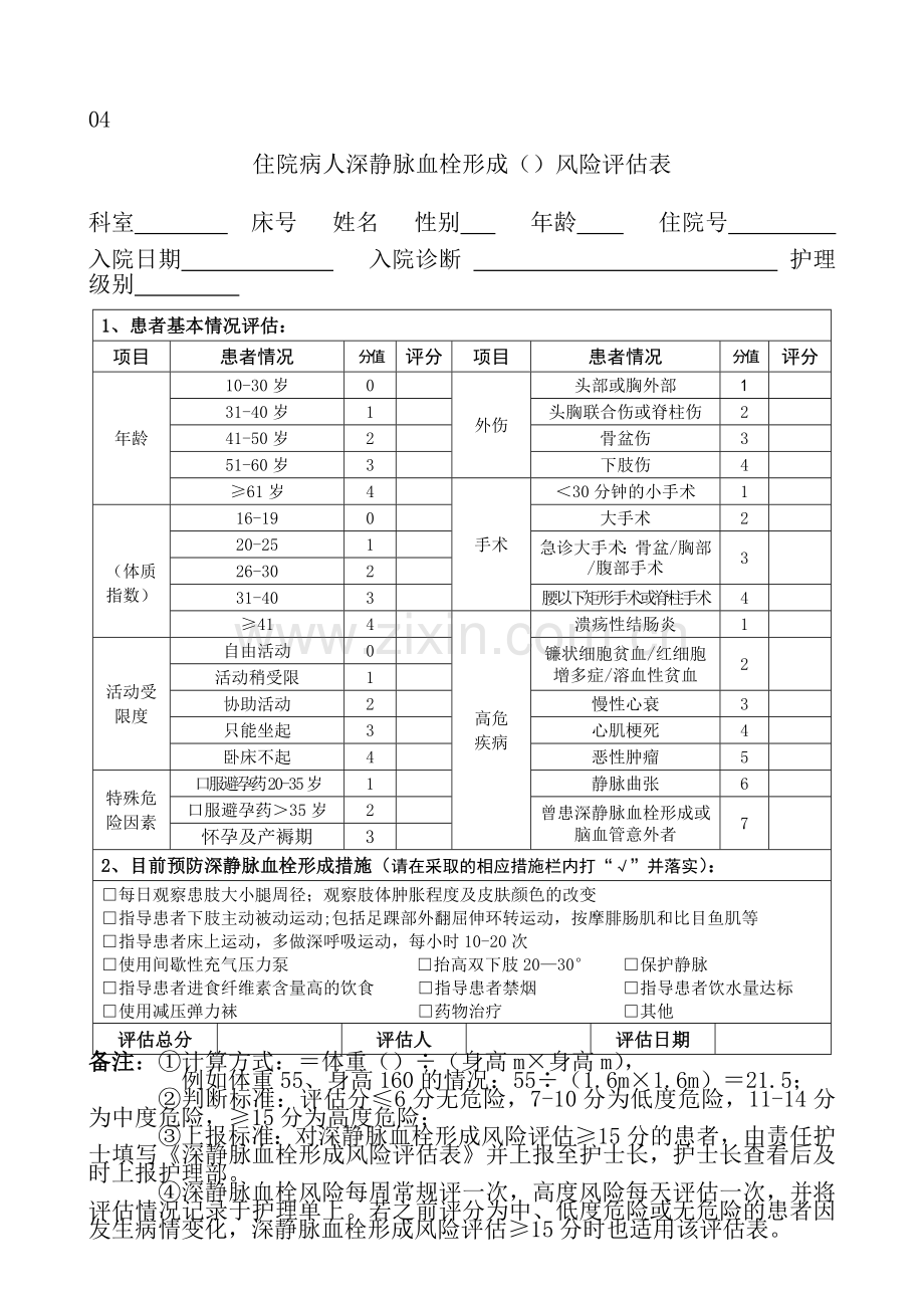 深静脉血栓形成风险因素评估表、上报表.doc_第1页