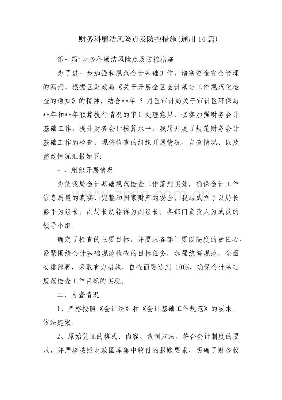 财务科廉洁风险点及防控措施(通用14篇).pdf_第1页