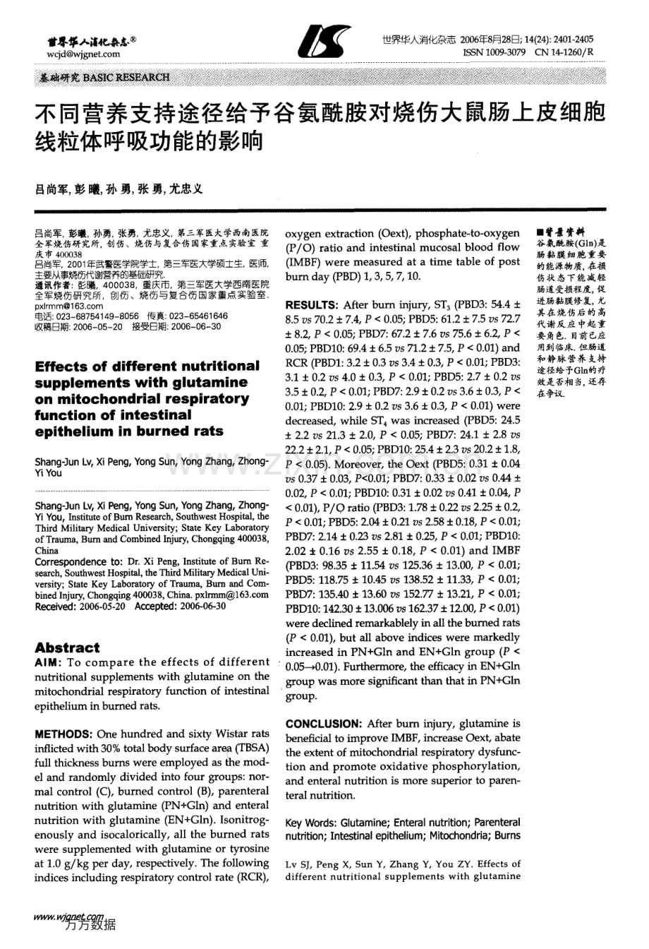 不同营养支持途径给予谷氨酰胺对烧伤大鼠肠上皮细胞线粒体呼吸功能的影响.pdf_第1页