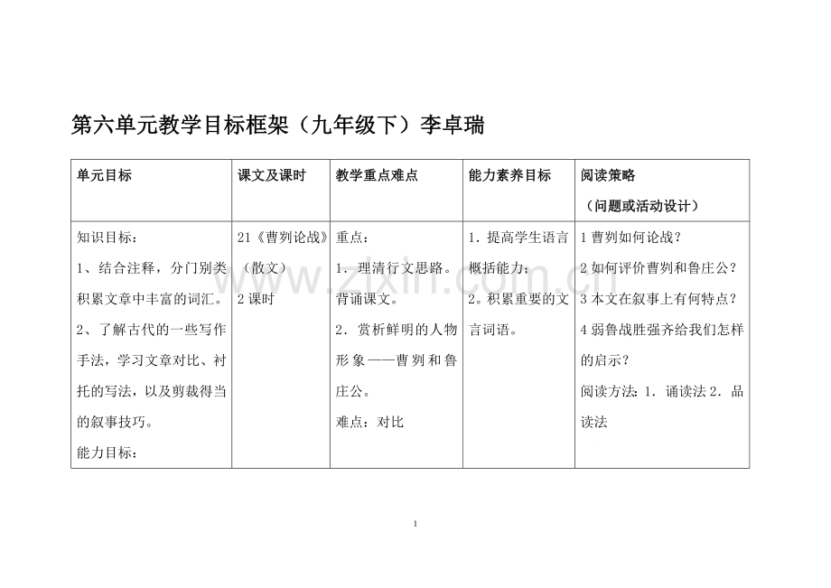 第六单元教学目标框架李卓瑞.doc_第1页