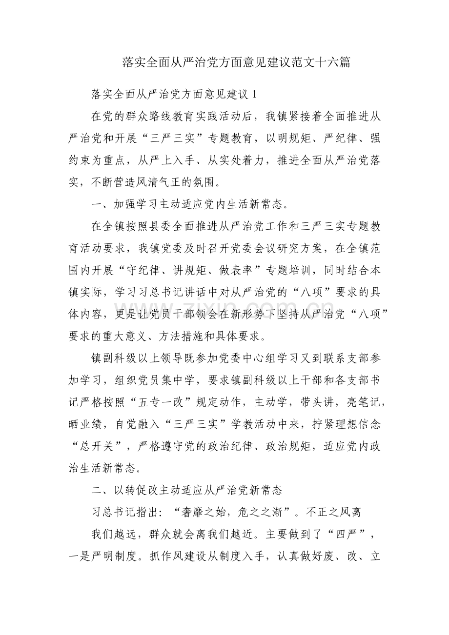 落实全面从严治党方面意见建议范文十六篇.pdf_第1页