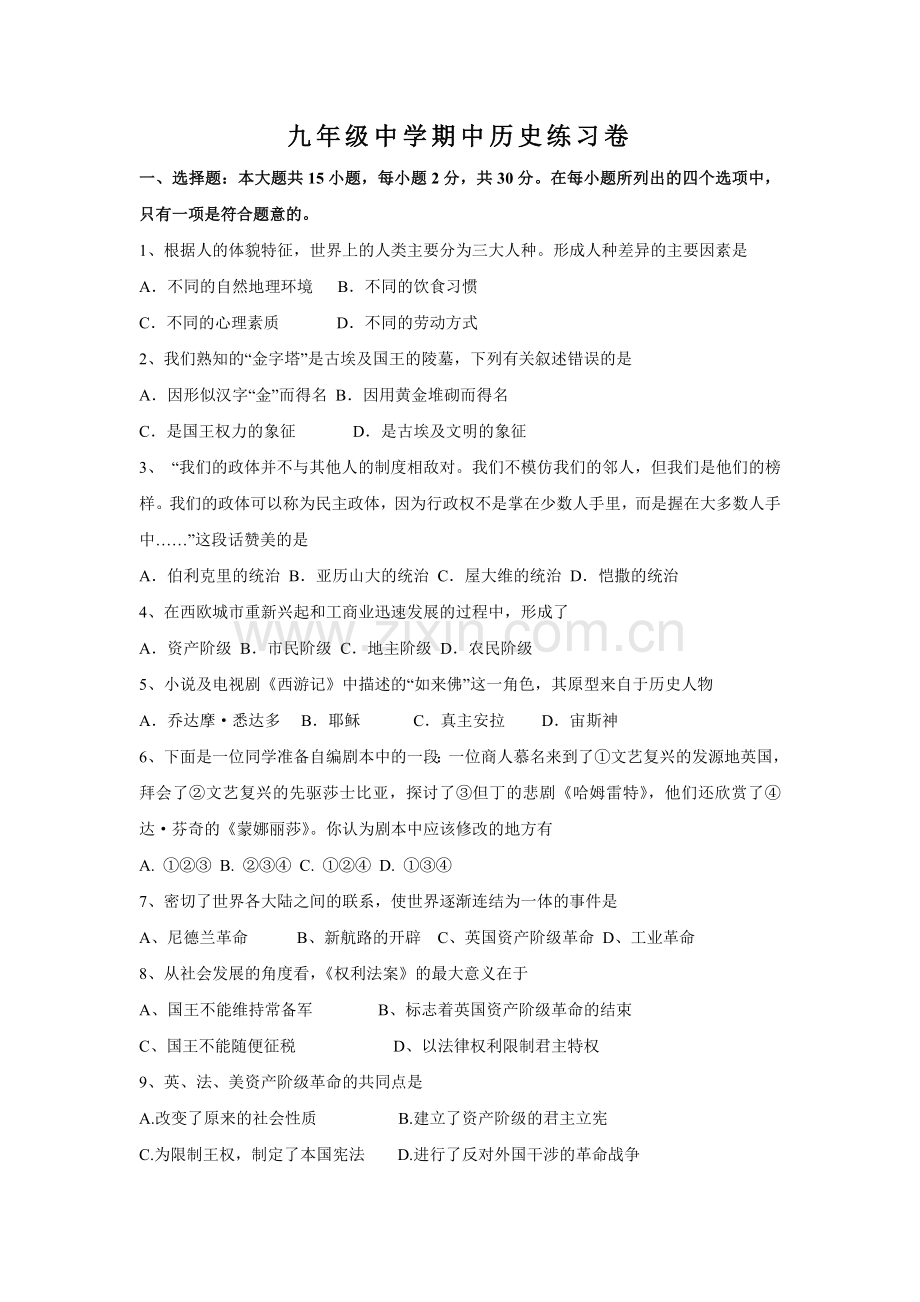 九年级中学期中历史练习卷.doc_第1页