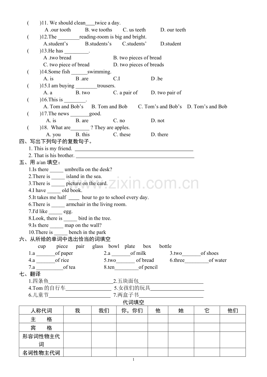 小升初英语名词冠词人称代词和物主代词练习题(简单).doc_第2页