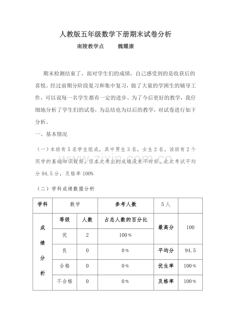 五年级数学下册期末试卷分析.docx_第1页