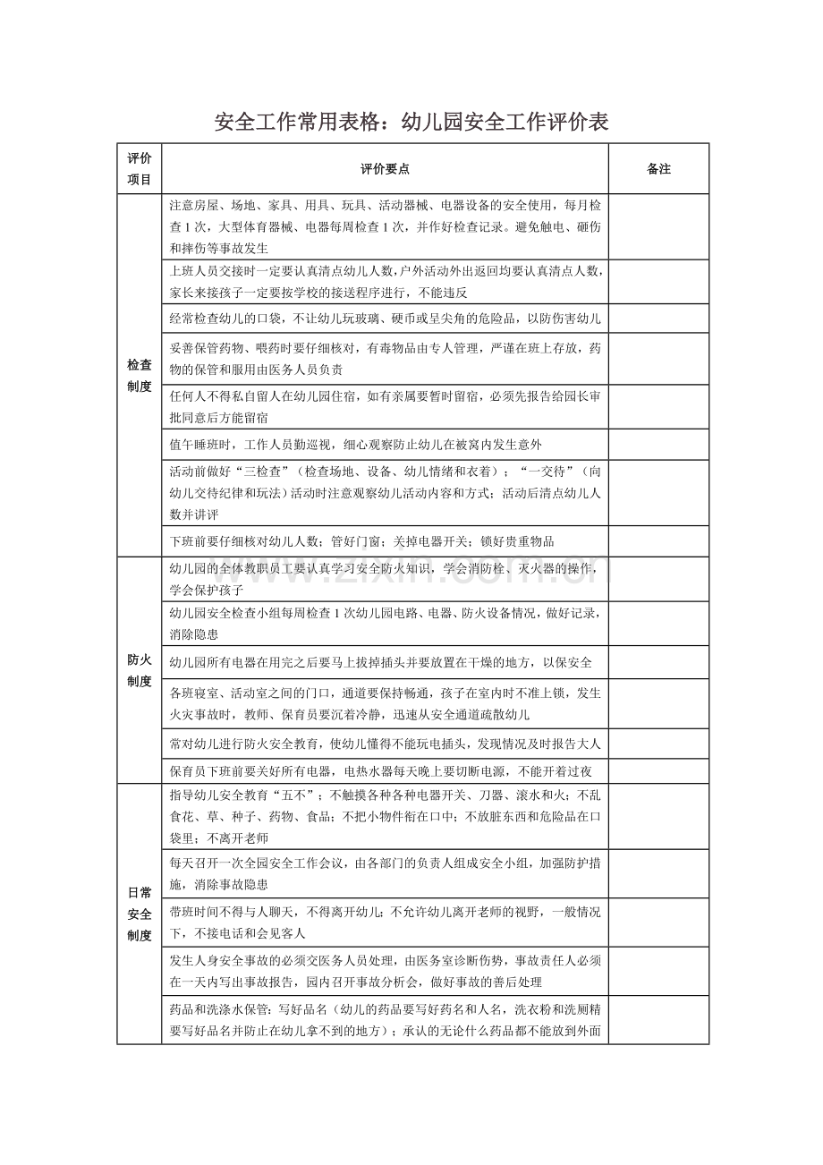 安全工作常用表格：幼儿园安全工作评价表.doc_第1页