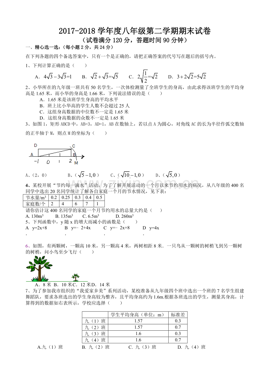 2017-2018年八年级下期末数学试卷有答案.doc_第1页