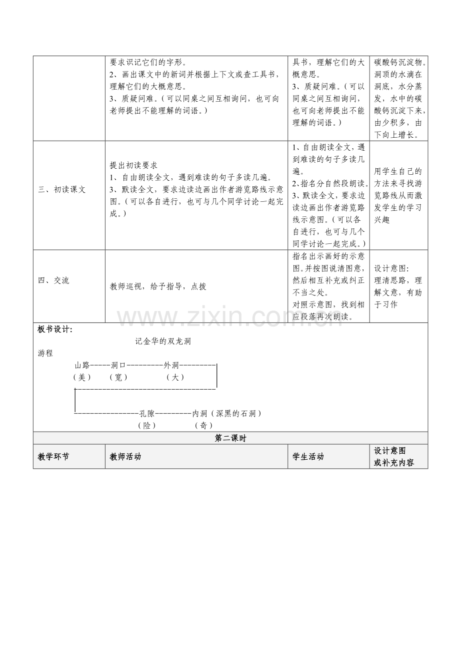 人教版四年级语文下册《记金华的双龙洞》表格式教案.doc_第2页