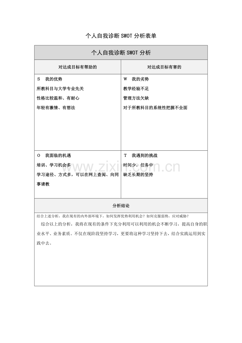 杨婧个人自我诊断SWOT分析表.doc_第1页