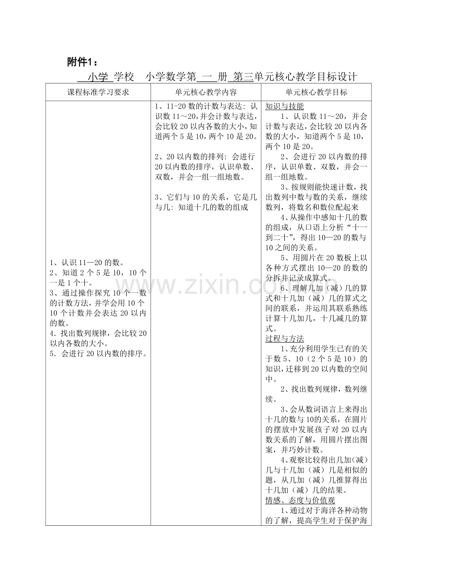 小学数学一年级第一学期第三单元核心目标设计.doc_第1页