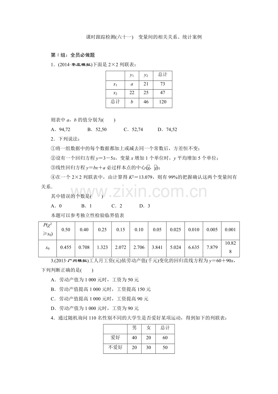 课时跟踪检测(六十一)　变量间的相关关系、统计案例.doc_第1页