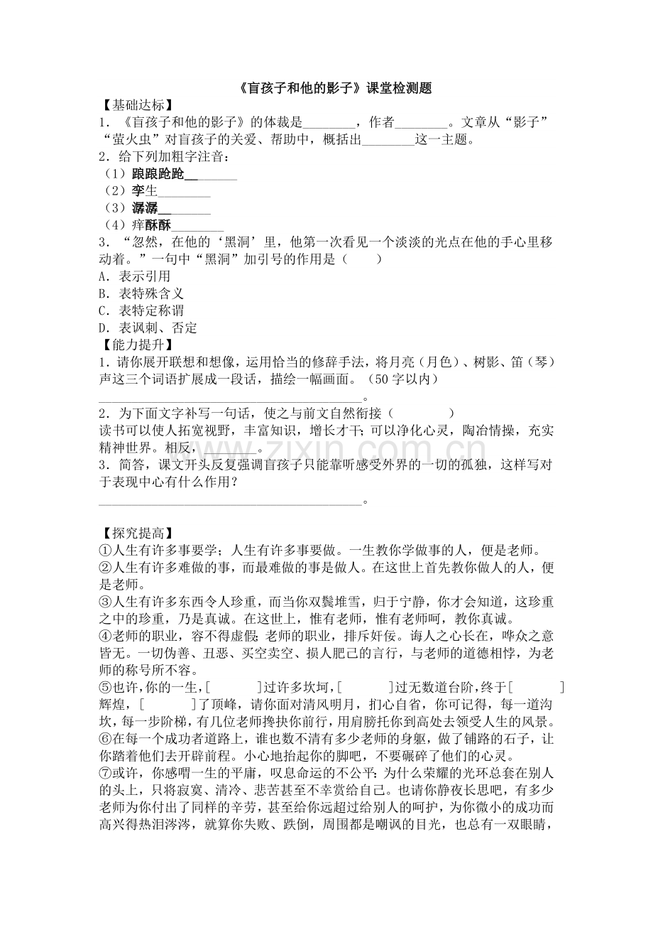 盲孩子和他的影子课堂检测题.doc_第1页