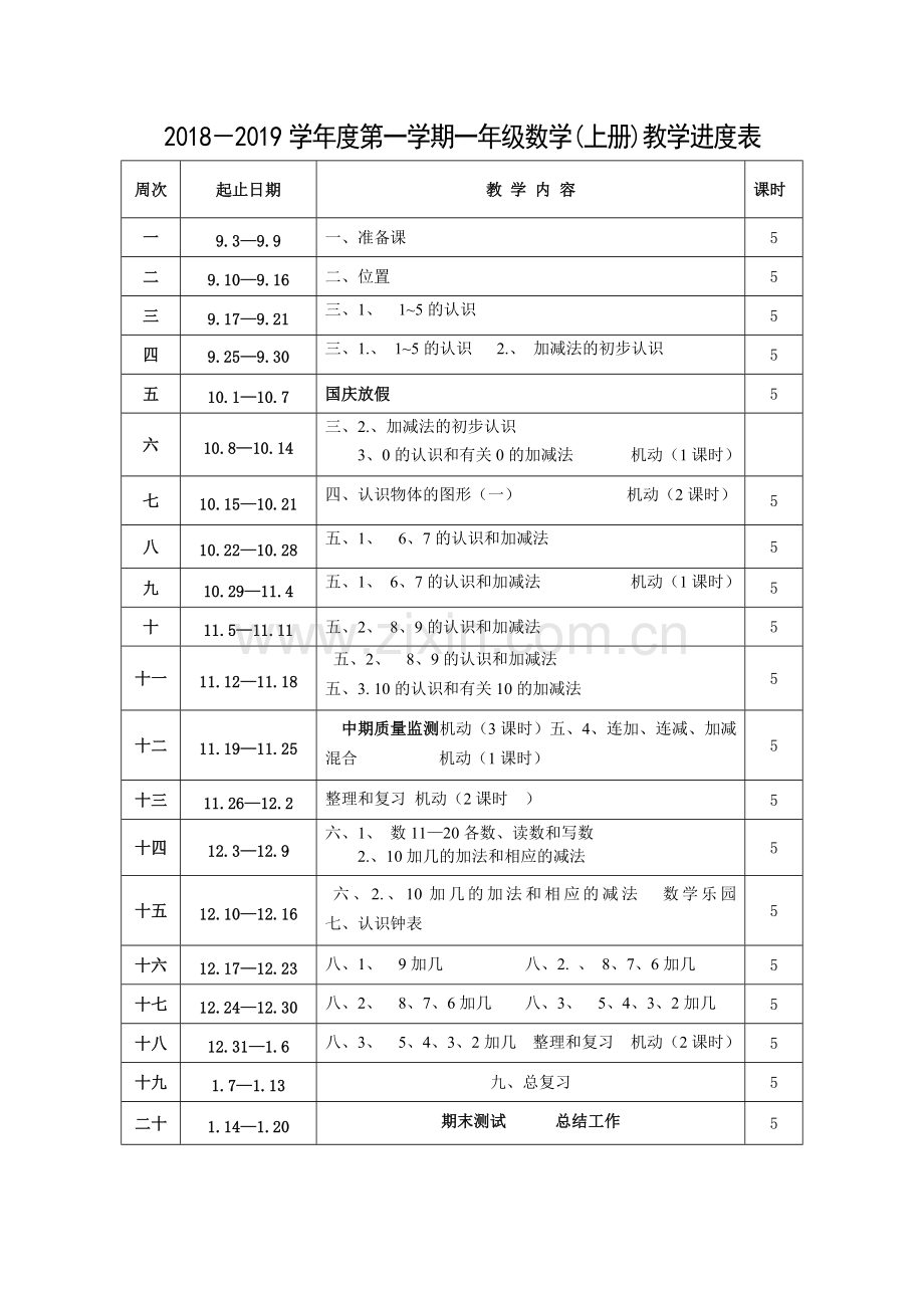 小学一年级上册数学教学进度表.doc_第1页