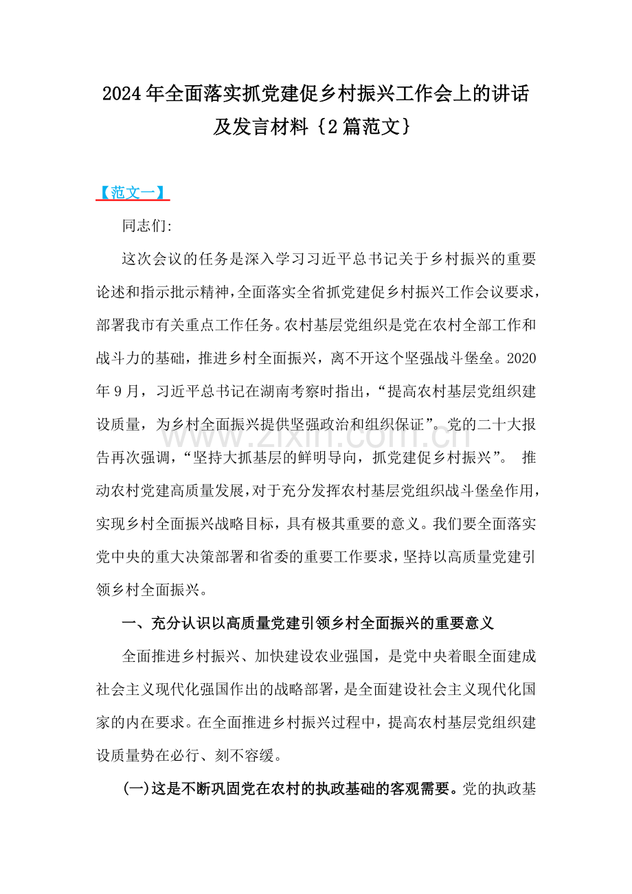 2024年全面落实抓党建促乡村振兴工作会上的讲话及发言材料｛2篇范文｝.docx_第1页