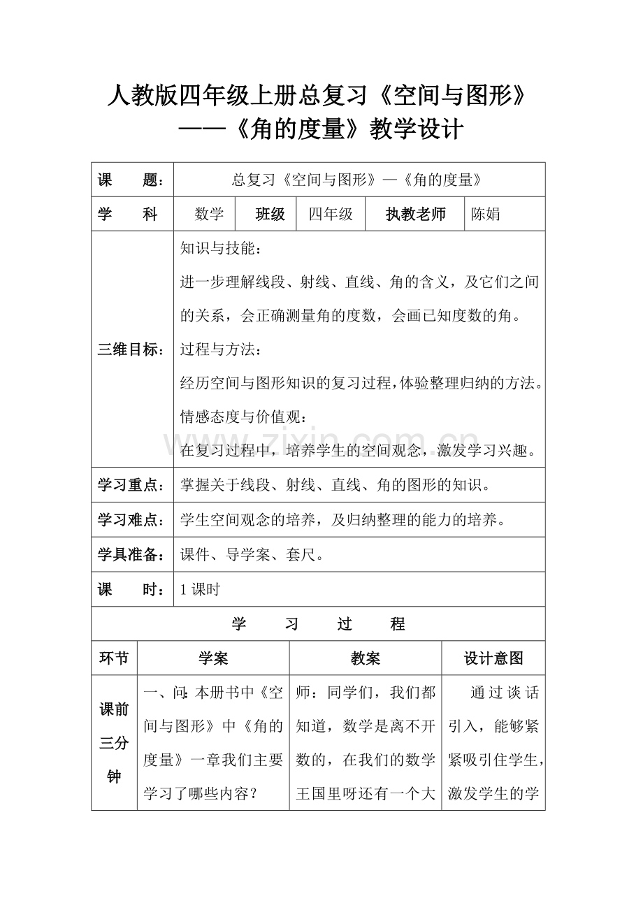 小学人教四年级数学空间与图形总复习——角的度量.doc_第1页