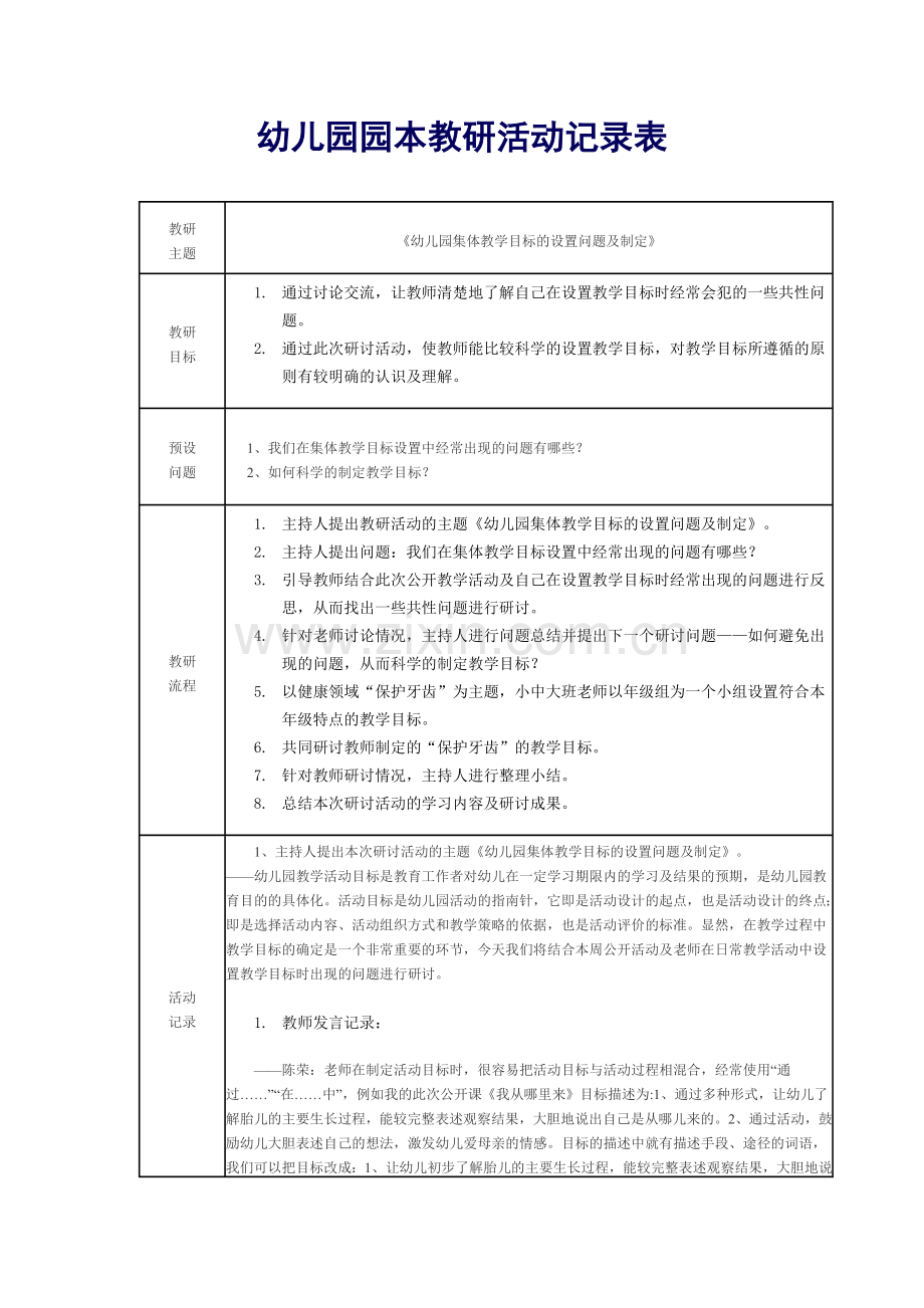 武乡县机关幼儿园园本教研活动记录表.docx_第1页