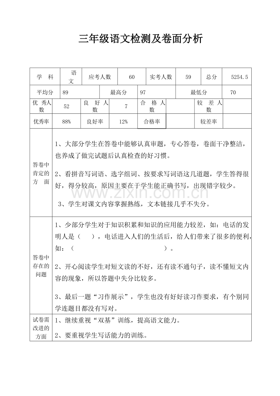 三年级语文检测及卷面分析.doc_第1页