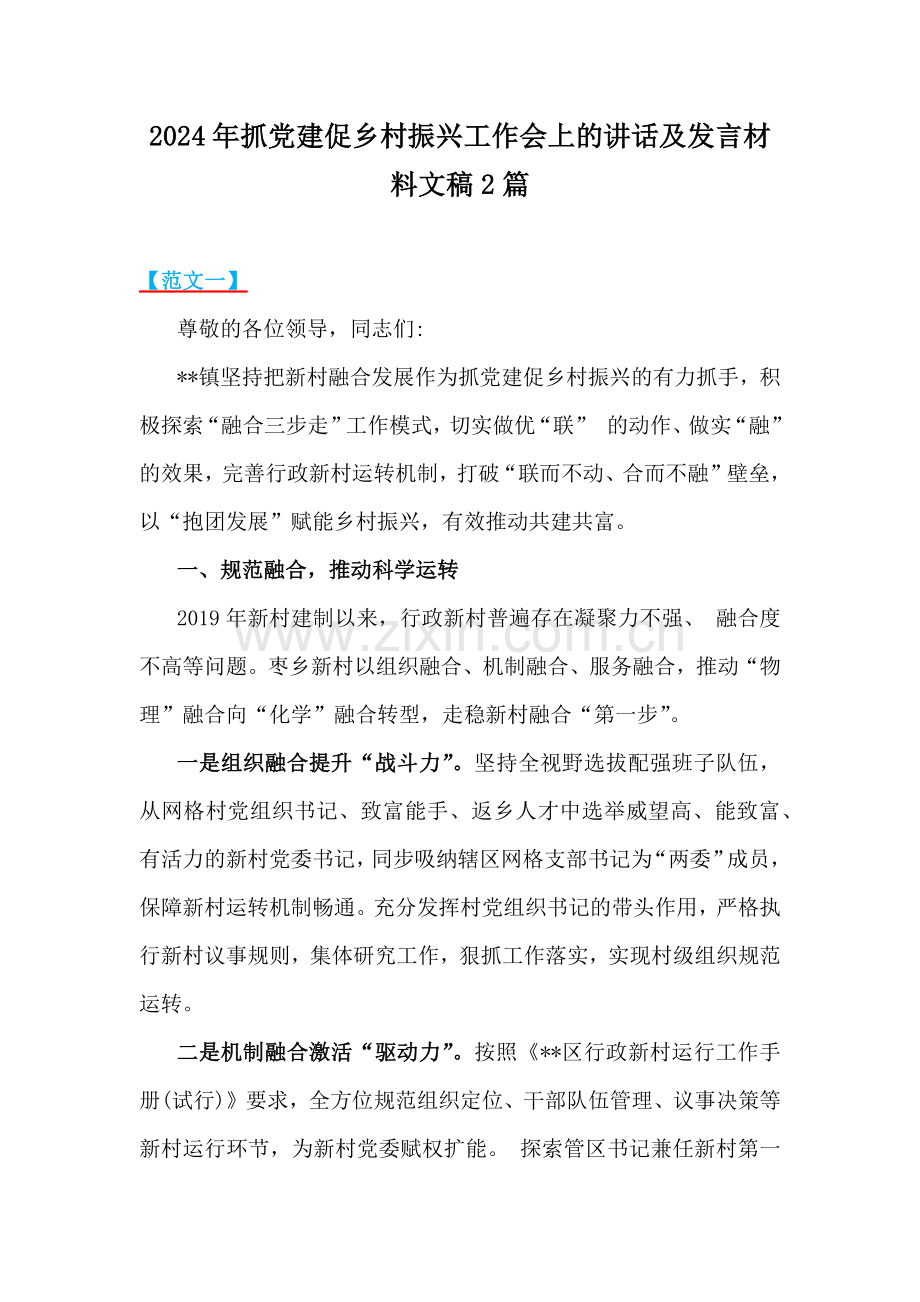 2024年抓党建促乡村振兴工作会上的讲话及发言材料文稿2篇.docx_第1页