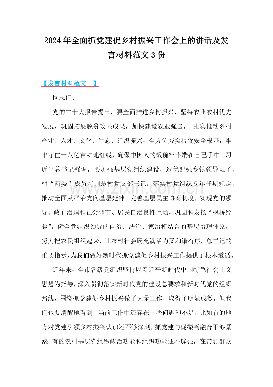 2024年全面抓党建促乡村振兴工作会上的讲话及发言材料范文3份.docx_第1页