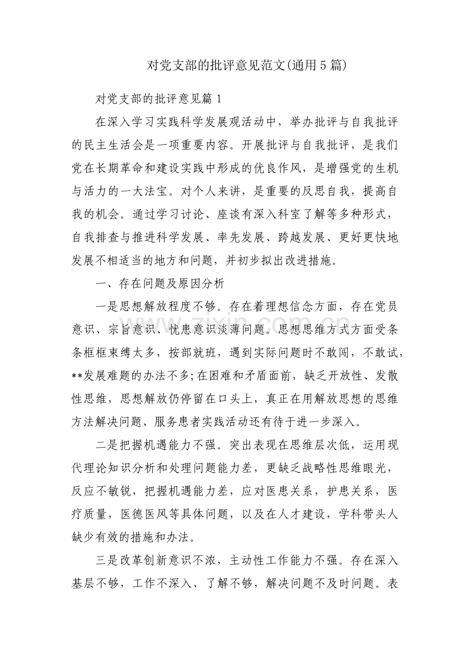 对党支部的批评意见范文(通用5篇).pdf_第1页