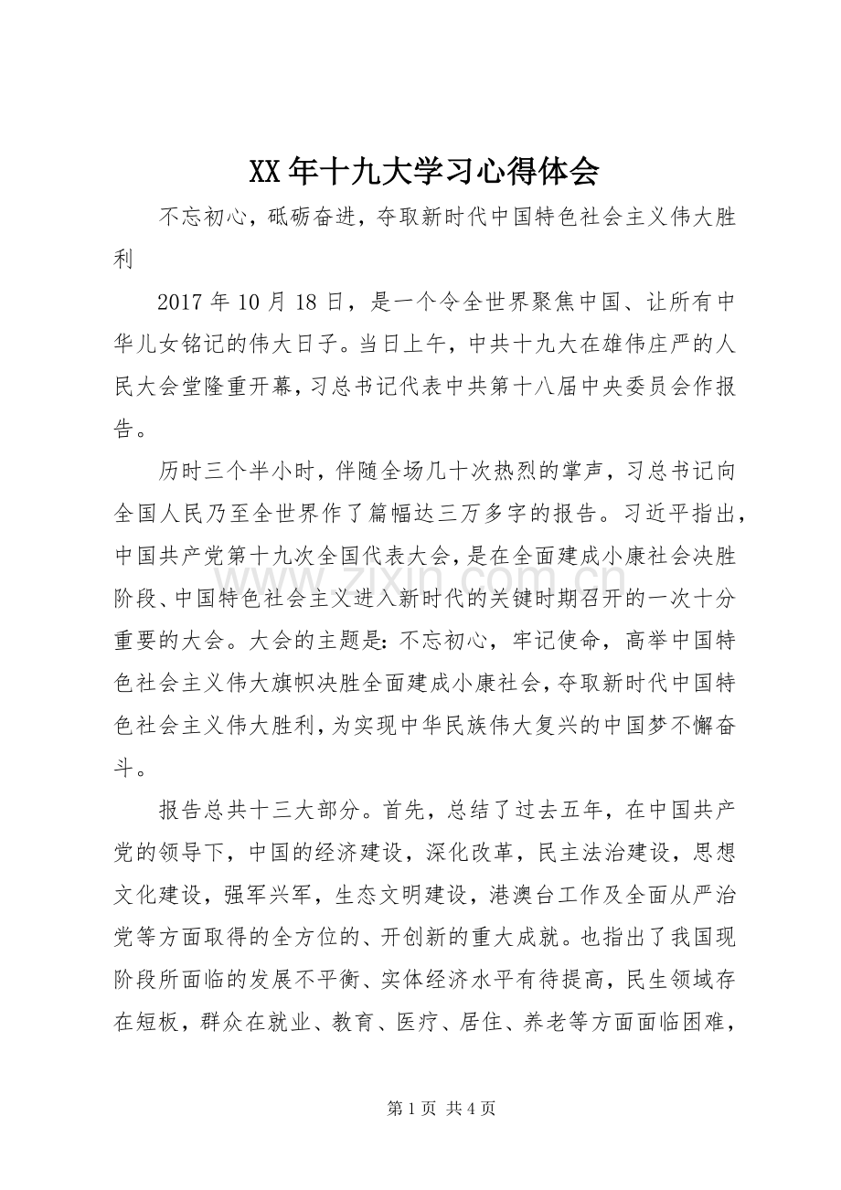 XX年十九大学习体会心得.docx_第1页