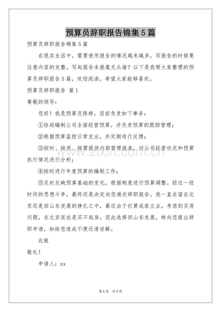 预算员辞职报告锦集5篇.docx_第1页