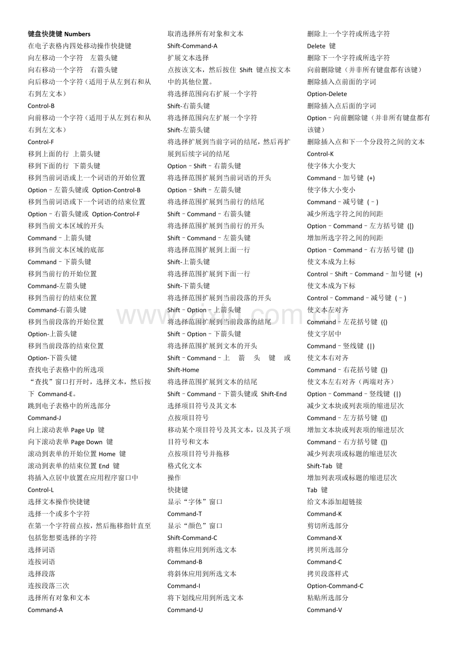 键盘快捷键Numbers.docx_第1页