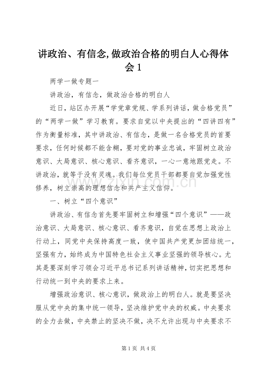 讲政治、有信念,做政治合格的明白人体会心得.docx_第1页