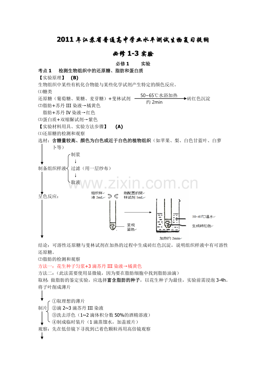 高中生物学业水平测试—必修1—3实验.doc_第1页