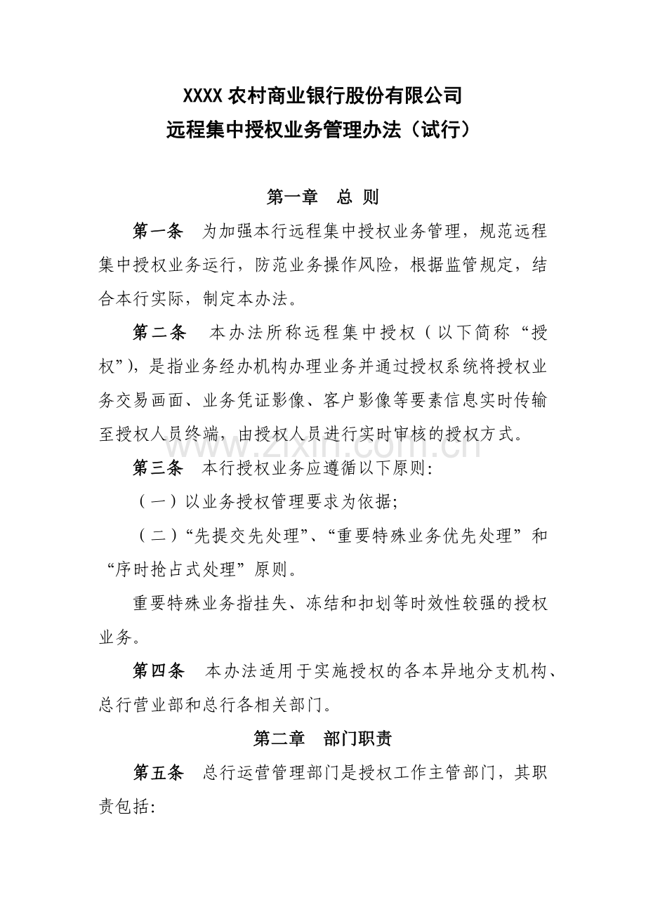 农商行远程集中授权业务管理办法模版(试行).docx_第1页