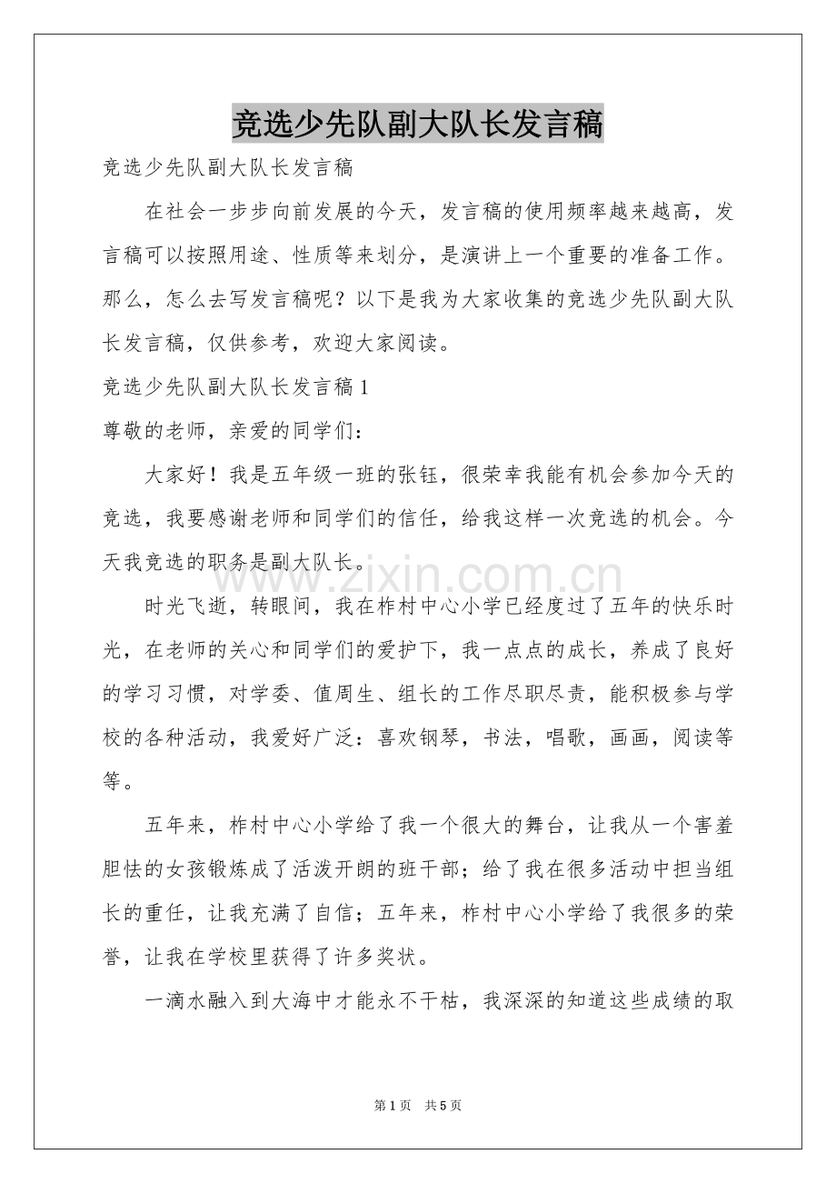 竞选少先队副大队长发言稿.docx_第1页