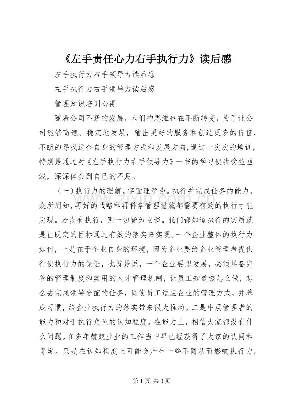 《左手责任心力右手执行力》读后心得.docx_第1页