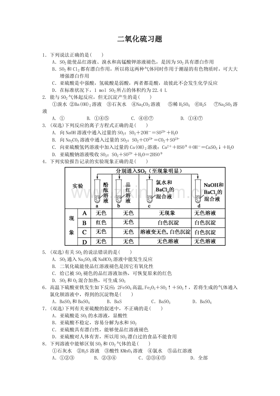 二氧化硫经典习题.doc_第1页