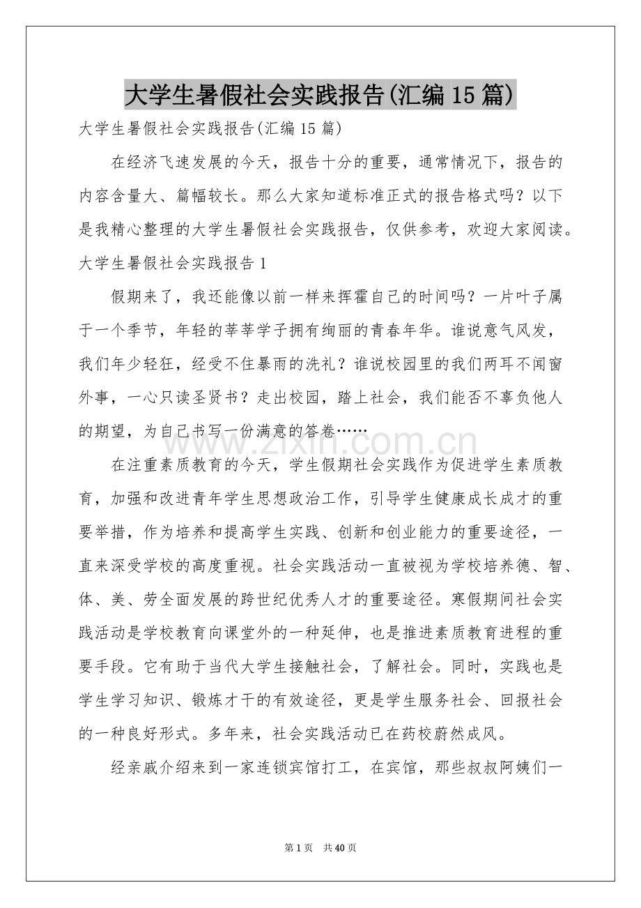 大学生暑假社会实践报告(汇编15篇).docx_第1页