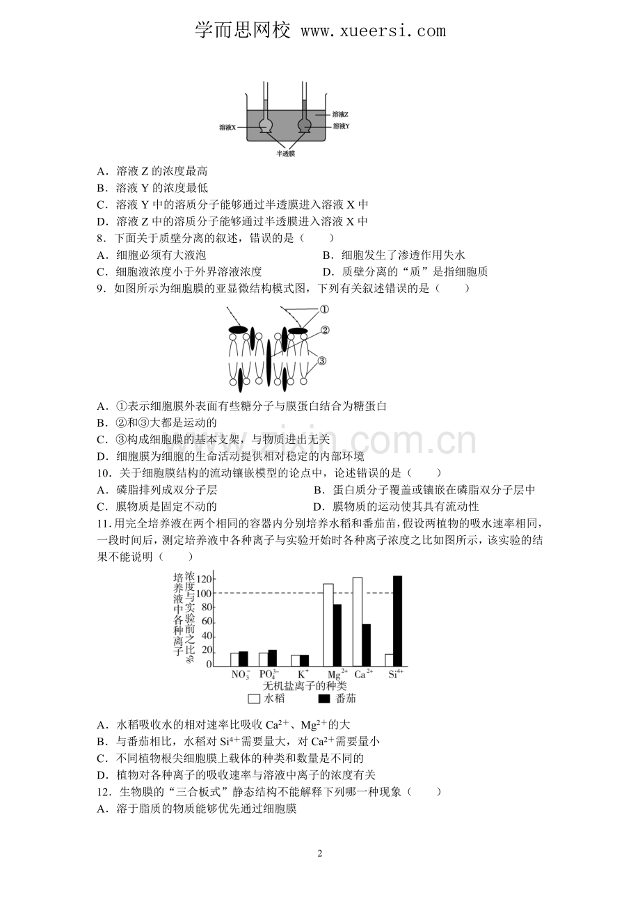 《物质跨膜运输的实例及生物膜的流动镶嵌模型》测试题.doc_第2页