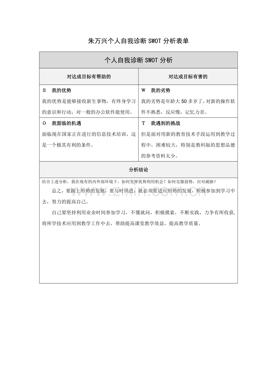 朱万兴个人自我诊断SWOT分析表.doc_第1页