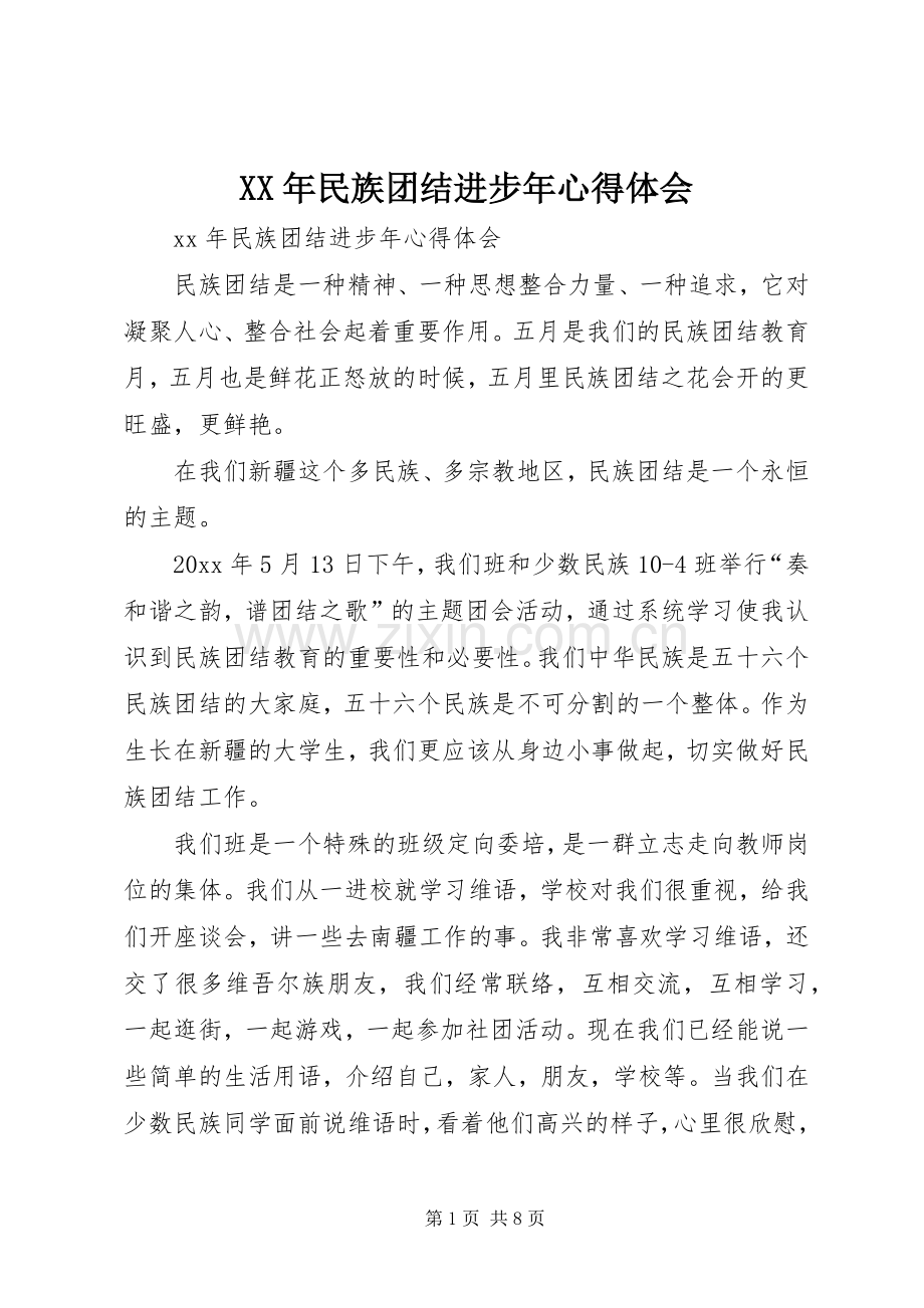 XX年民族团结进步年体会心得.docx_第1页