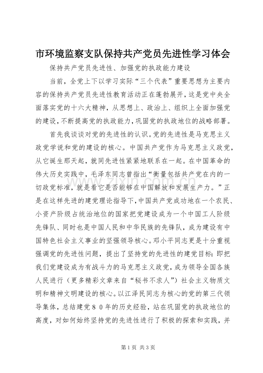 市环境监察支队保持共产党员先进性学习体会.docx_第1页