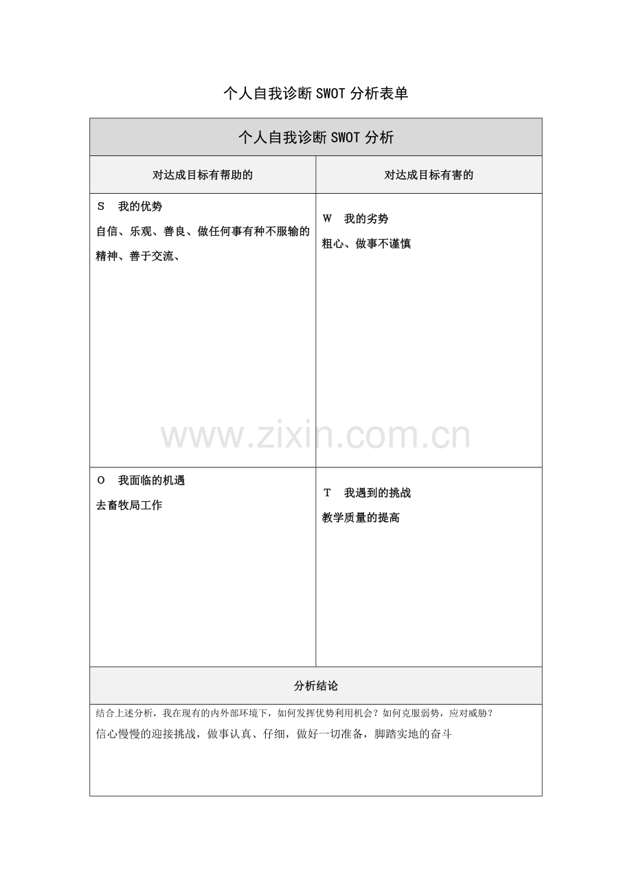 黄香辉个人自我诊断SWOT分析表.doc_第1页