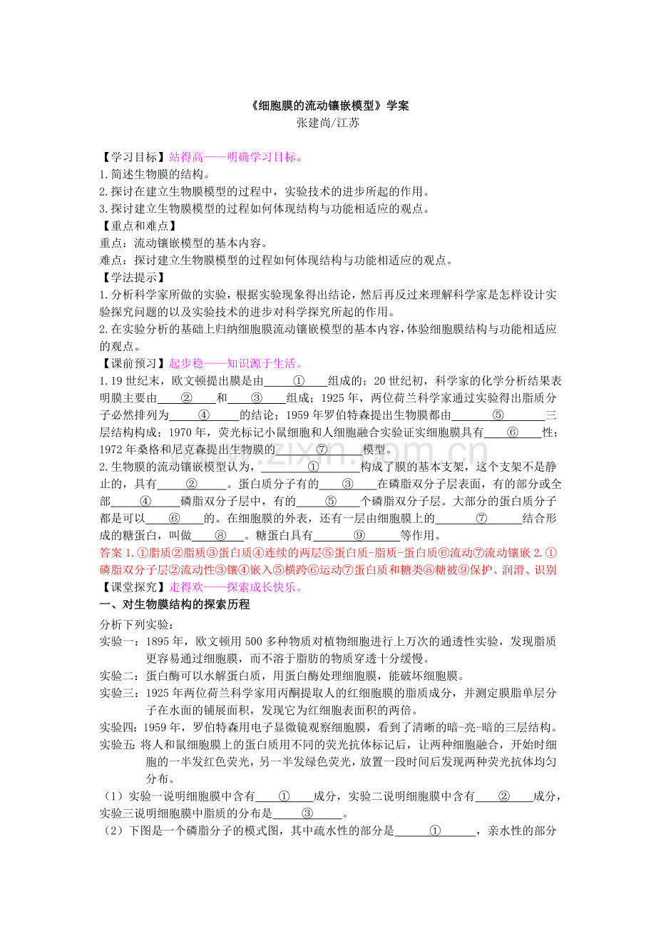 《细胞膜的流动镶嵌模型》学案.doc_第1页