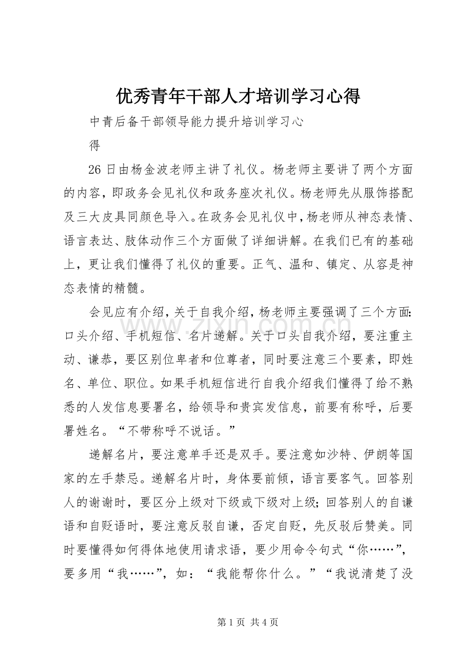 优秀青年干部人才培训学习体会.docx_第1页