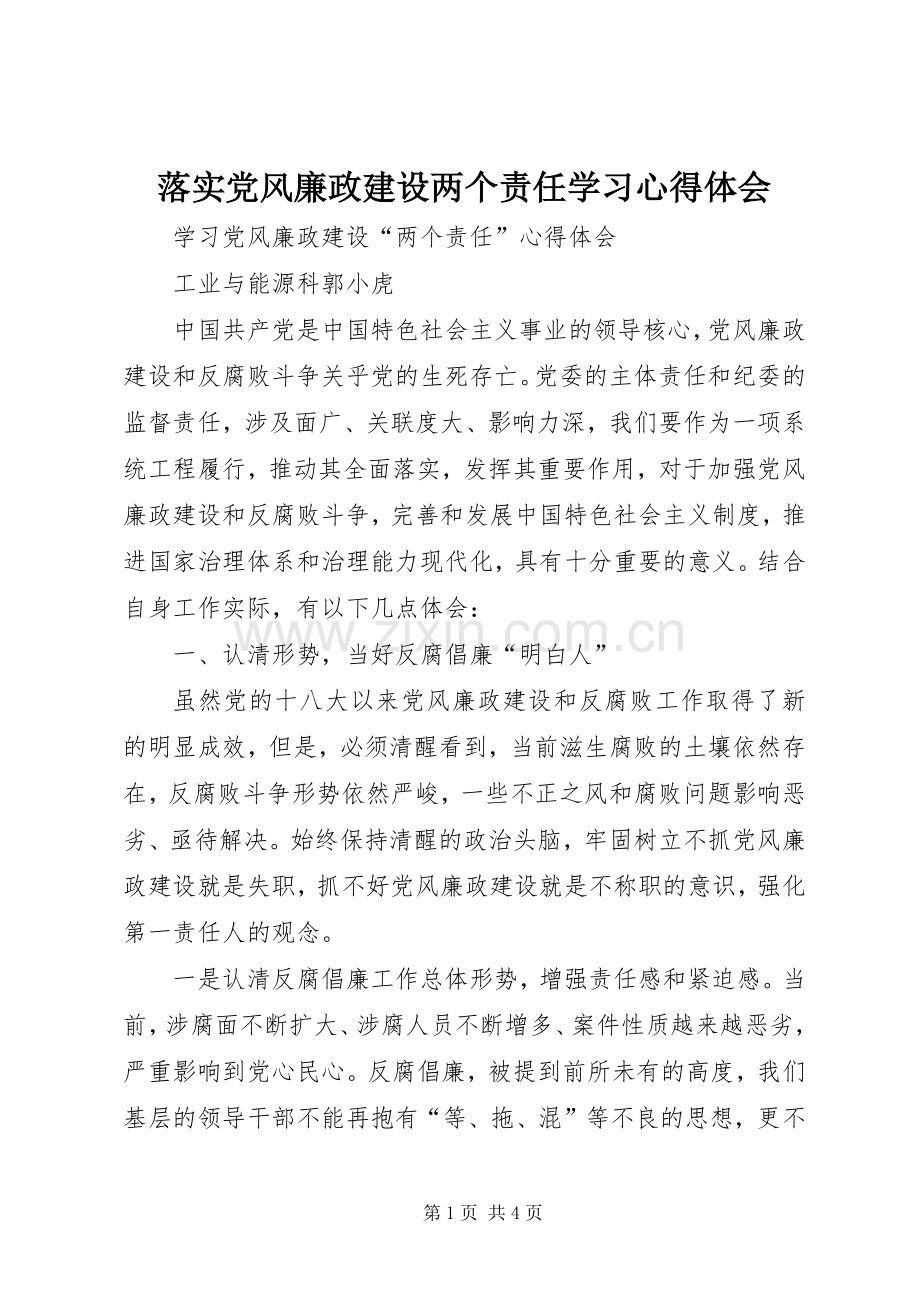 落实党风廉政建设两个责任学习体会心得.docx_第1页